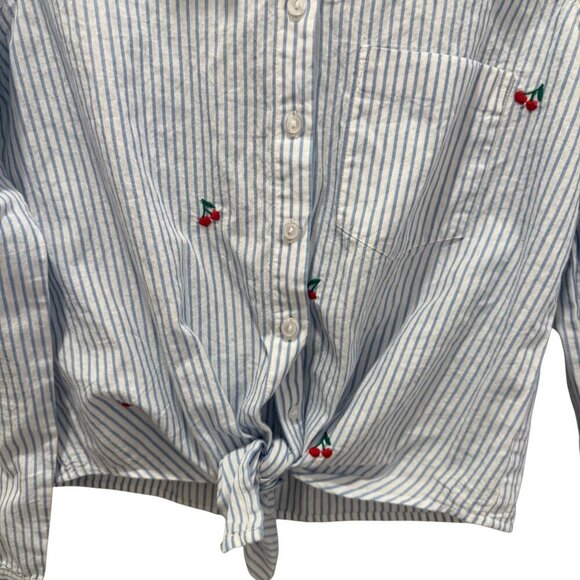 Sundry Womens Striped Button-Up Shirt With Cherry Embroidery & Tie Front Size 0 - Picture 2 of 5